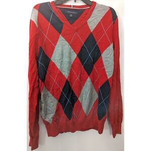 Tommy Hilfiger Mens Argyle Sweater Medium M Long Sleeve Diamond Red Black Grey